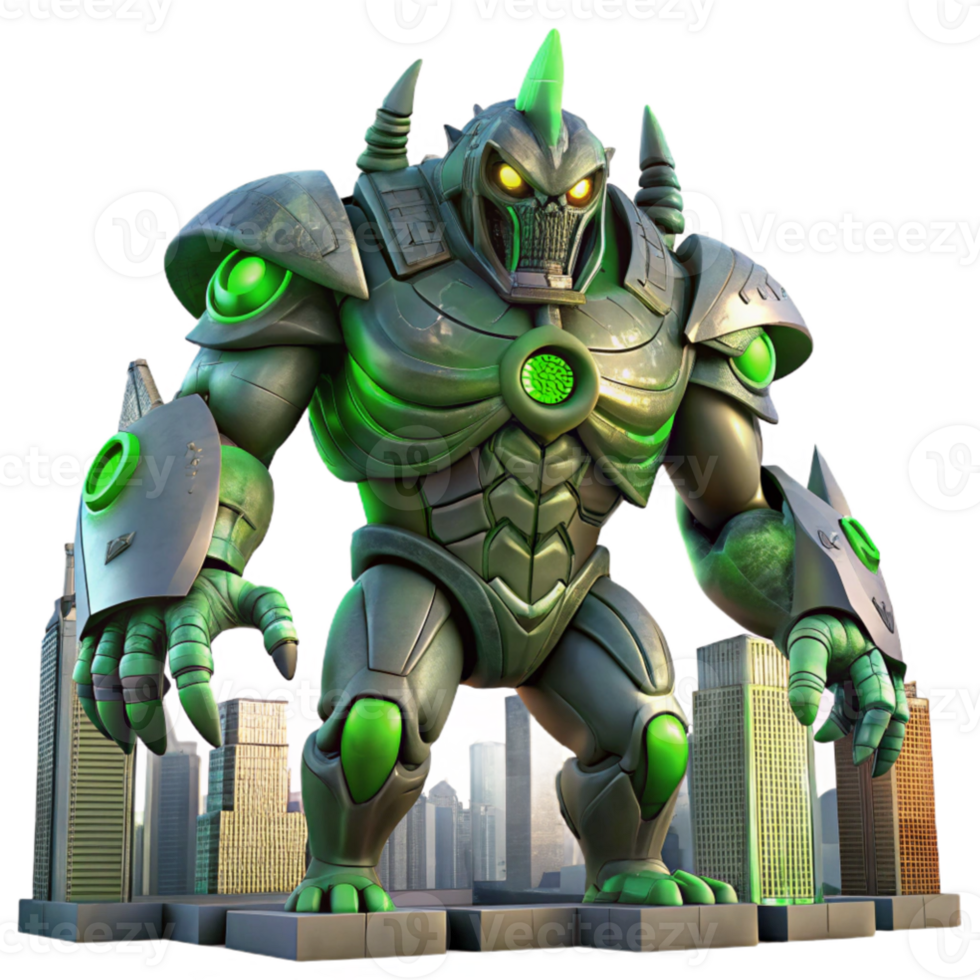 beautiful modern elegant artistic A gigantic, bio mechanical creature, with glowing green eyes and chitinous armor, rampaging through a futuristic city, illuminated by the flashing lights of... png
