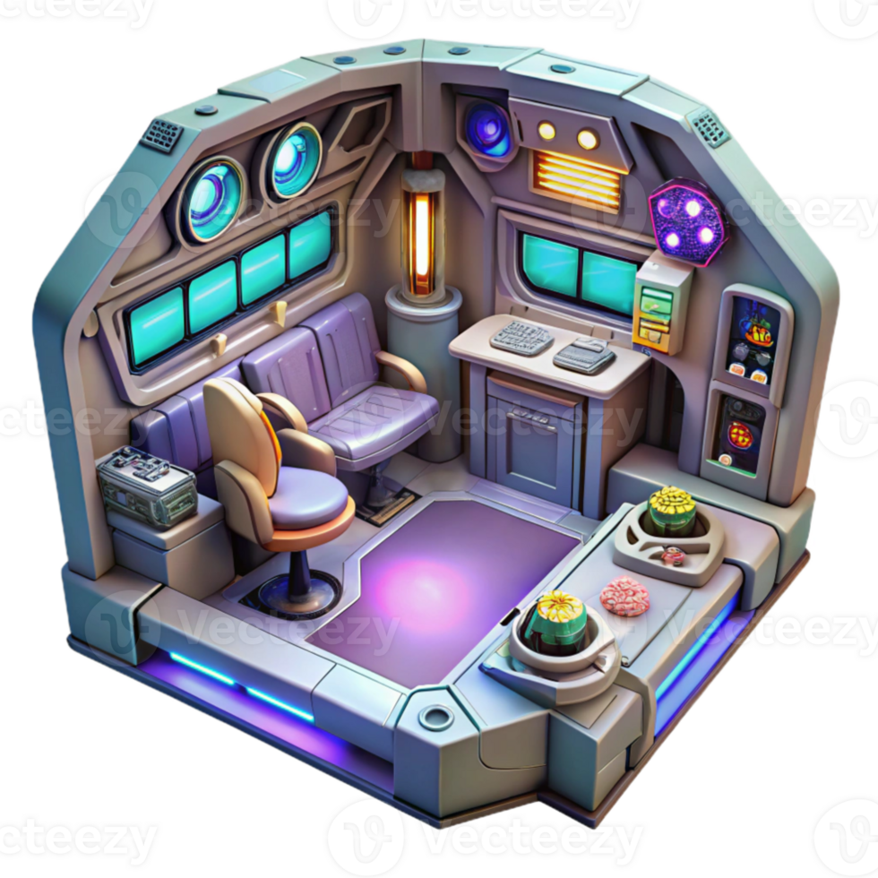 vibrant artistic wonderful rustic A highly detailed, intricate spaceship interior, with glowing control panels, holographic displays, and comfortable living quarters, lit by a warm, inviting light... png