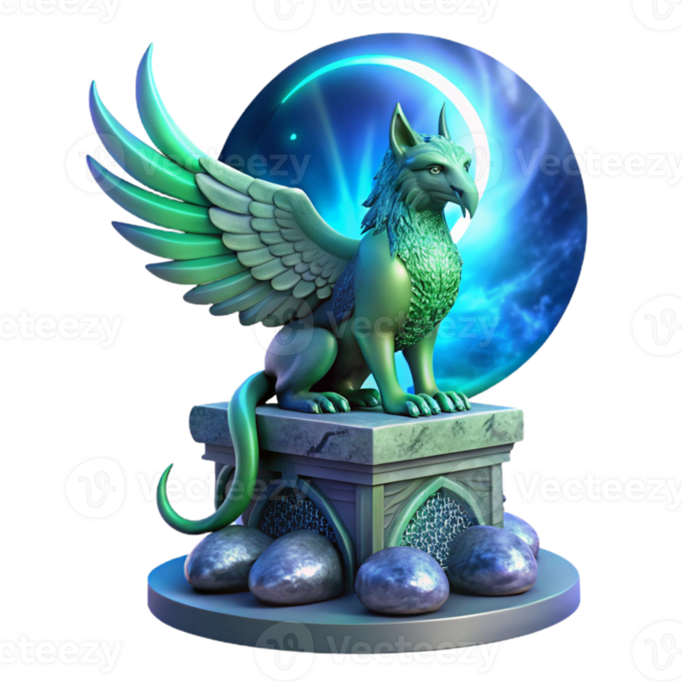 extraordinary artistic stunning traditional A majestic griffin perched atop a crumbling obsidian tower, bathed in the ethereal glow of a triple moon, feathers shimmering with iridescent blues and... png