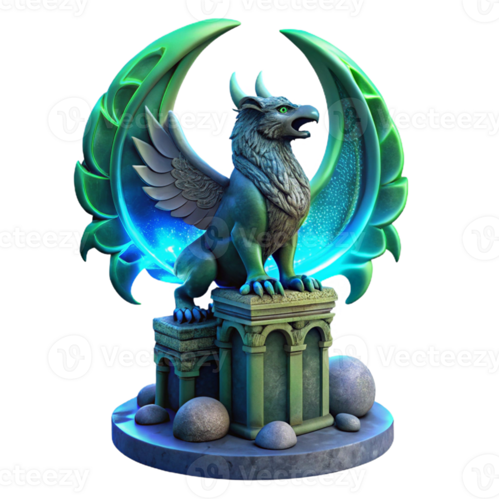 extraordinary minimalist serene rustic A majestic griffin perched atop a crumbling obsidian tower, bathed in the ethereal glow of a triple moon, feathers shimmering with iridescent blues and... png