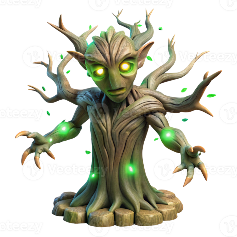wonderful rustic wonderful creative An ancient tree spirit emerging from a gnarled willow, its bark covered in glowing runes, eyes of pure emerald light, surrounded by fireflies, ethereal and... png