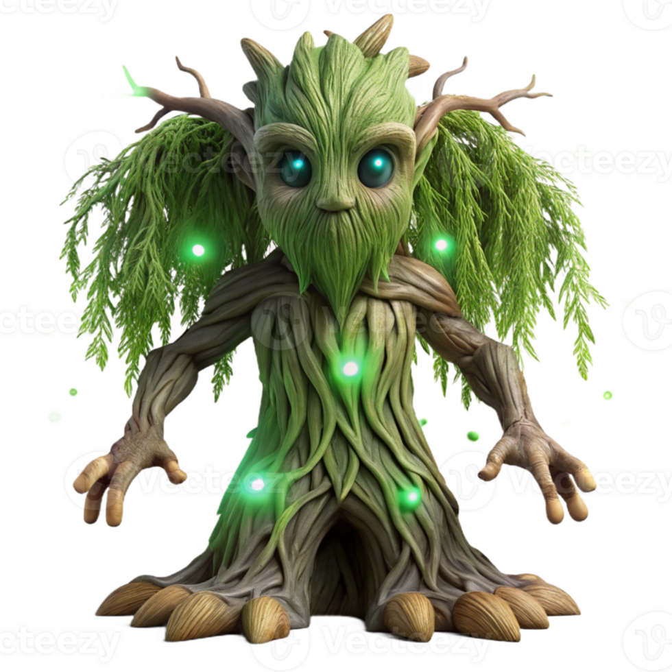 dramatic creative wonderful rustic An ancient tree spirit emerging from a gnarled willow, its bark covered in glowing runes, eyes of pure emerald light, surrounded by fireflies, ethereal and... png