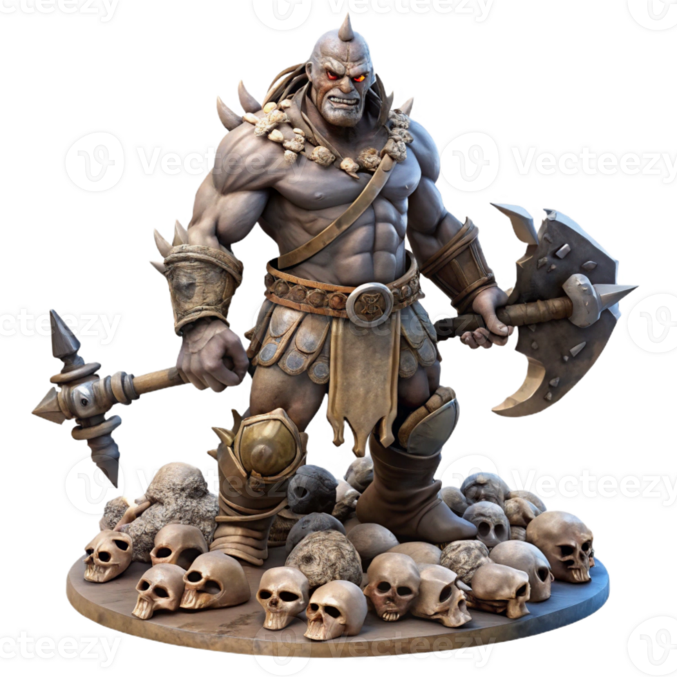 stunning classic dramatic vintage A fierce orc chieftain wielding a massive axe, adorned with tribal markings and furs, standing triumphantly on a pile of skulls, dramatic lighting, gritty and... png