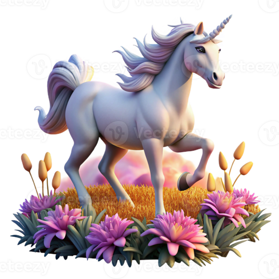 magnificent artistic stunning abstract A majestic unicorn with a silver mane and tail galloping through a field of crystalline flowers, bathed in the warm light of a setting sun, hyperrealistic,... png