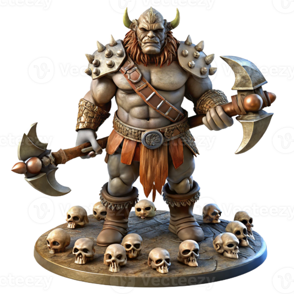stunning contemporary stunning artistic A fierce orc chieftain wielding a massive axe, adorned with tribal markings and furs, standing triumphantly on a pile of skulls, dramatic lighting, gritty... png