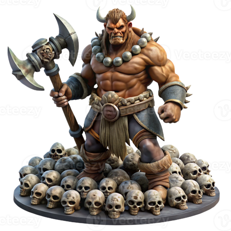 stunning abstract beautiful modern A fierce orc chieftain wielding a massive axe, adorned with tribal markings and furs, standing triumphantly on a pile of skulls, dramatic lighting, gritty and... png