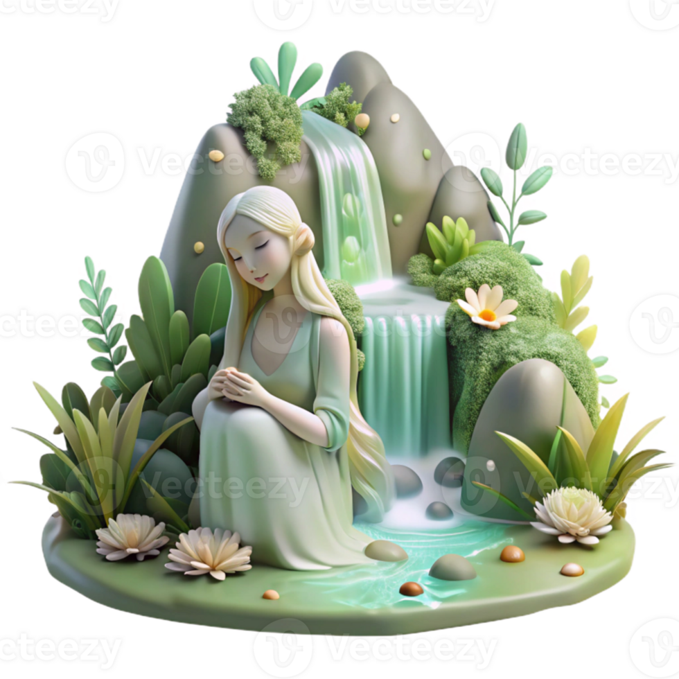 magnificent creative dramatic rustic A serene forest nymph resting by a waterfall, surrounded by glowing flora and fauna, soft, natural lighting, peaceful and ethereal.... png