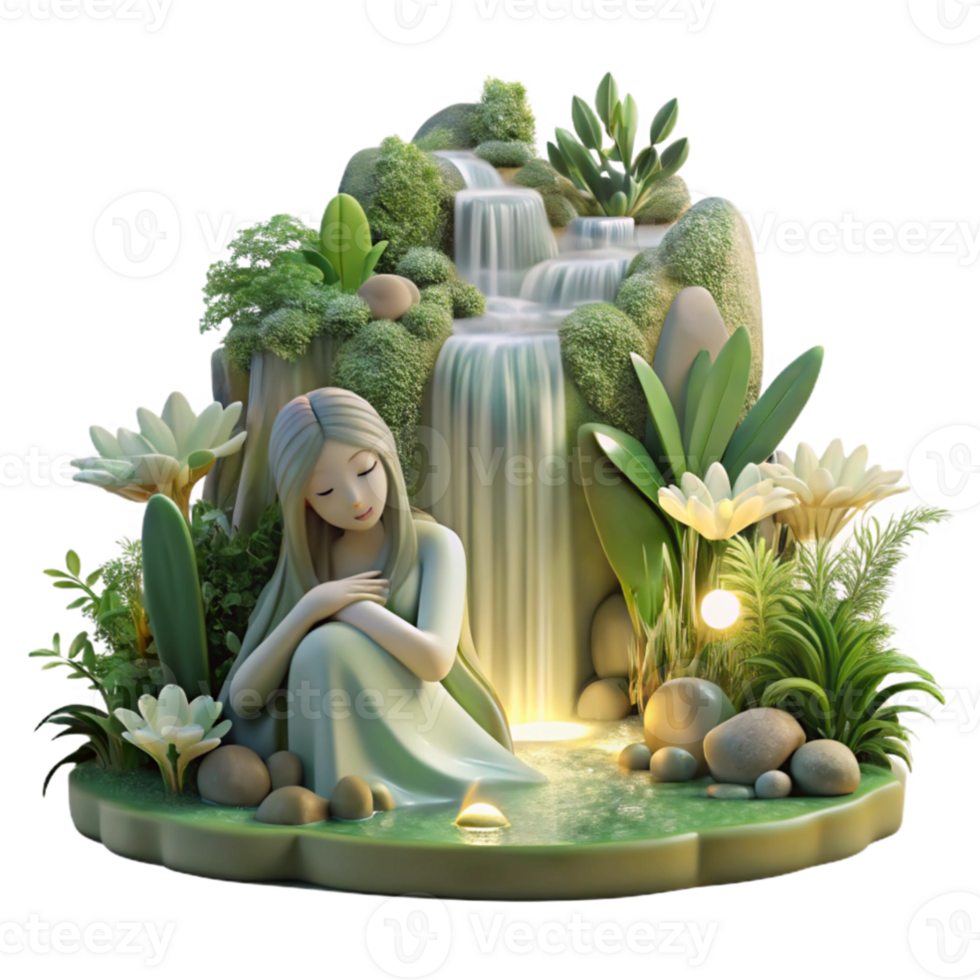 extraordinary contemporary magnificent classic A serene forest nymph resting by a waterfall, surrounded by glowing flora and fauna, soft, natural lighting, peaceful and ethereal.... png