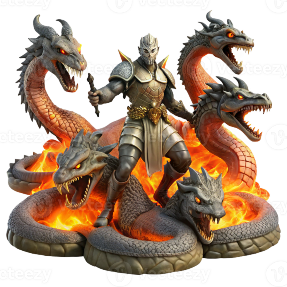 magnificent modern vibrant modern A knight in shining armor battling a three headed hydra in a volcanic landscape, fiery explosions and molten lava, dynamic action scene, heroic fantasy.... png