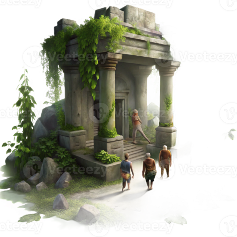 magnificent abstract extraordinary artistic A group of adventurers exploring a lost temple overgrown with vines and ancient ruins, dappled sunlight filtering through the canopy, mysterious and... png