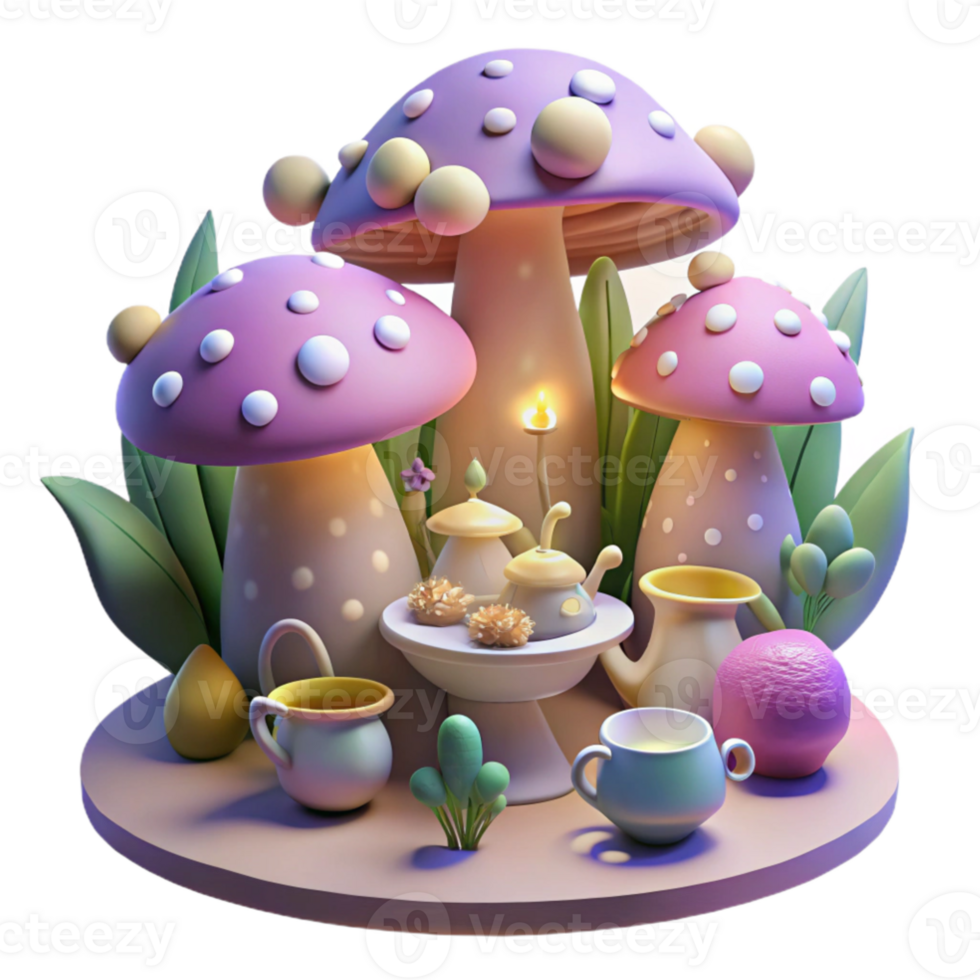 impressive modern beautiful artistic A whimsical tea party hosted by a group of forest sprites, surrounded by glowing flowers and mushrooms, soft, pastel colors, dreamlike and charming.... png