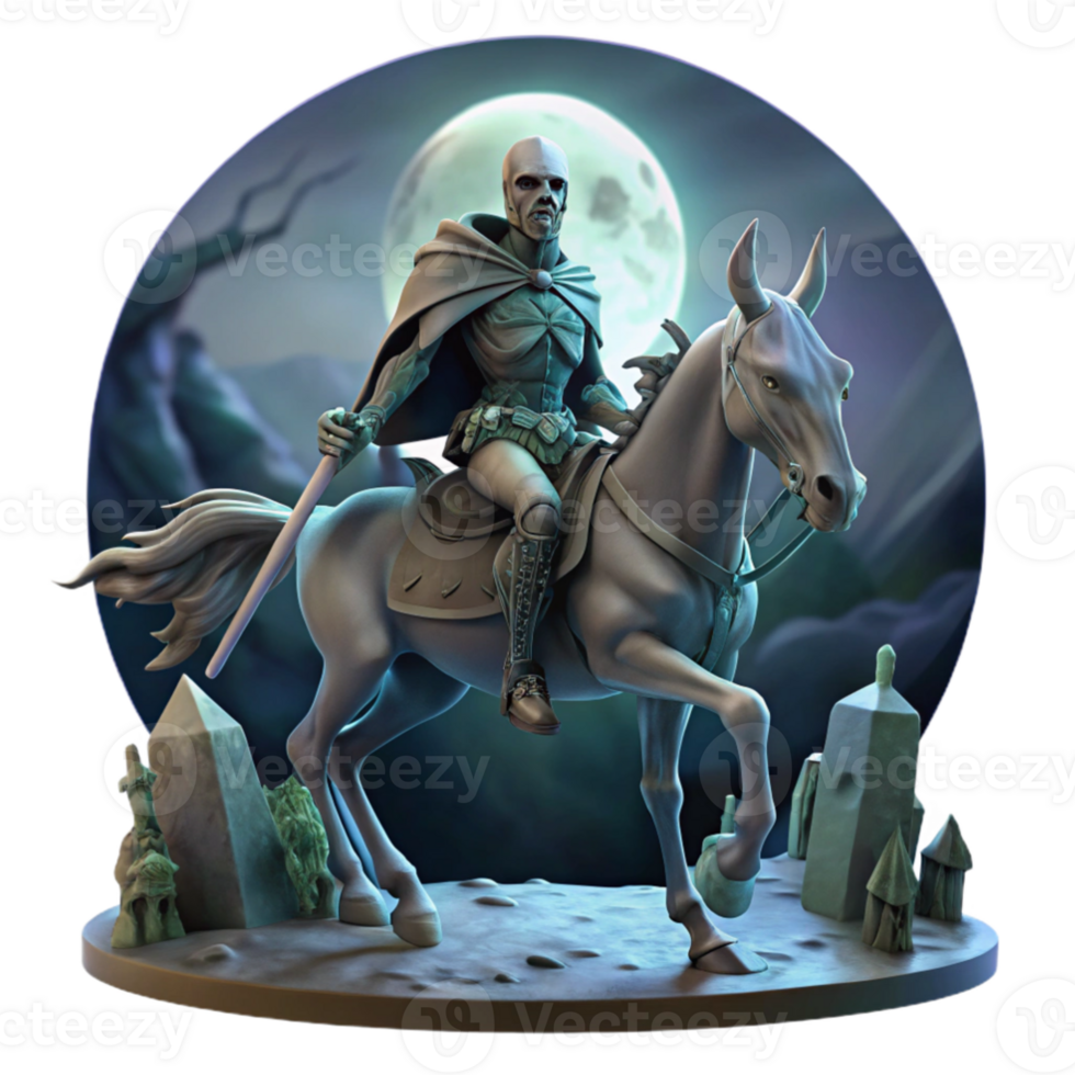 serene classic dramatic rustic A spectral knight riding a skeletal steed through a desolate graveyard, bathed in the eerie glow of a full moon, gothic horror, dark and atmospheric.... png