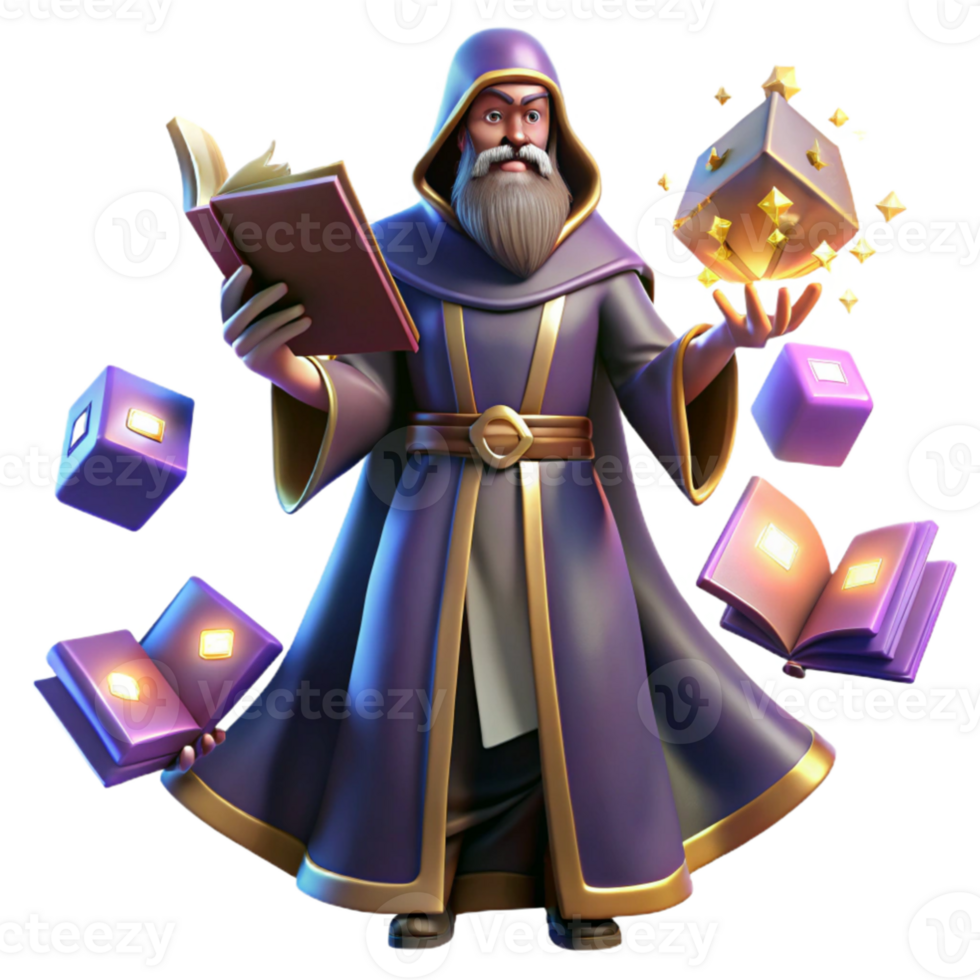 elegant artistic impressive contemporary A powerful wizard casting a spell in his arcane tower, surrounded by floating books and glowing runes, dramatic lighting, mystical and powerful.... png