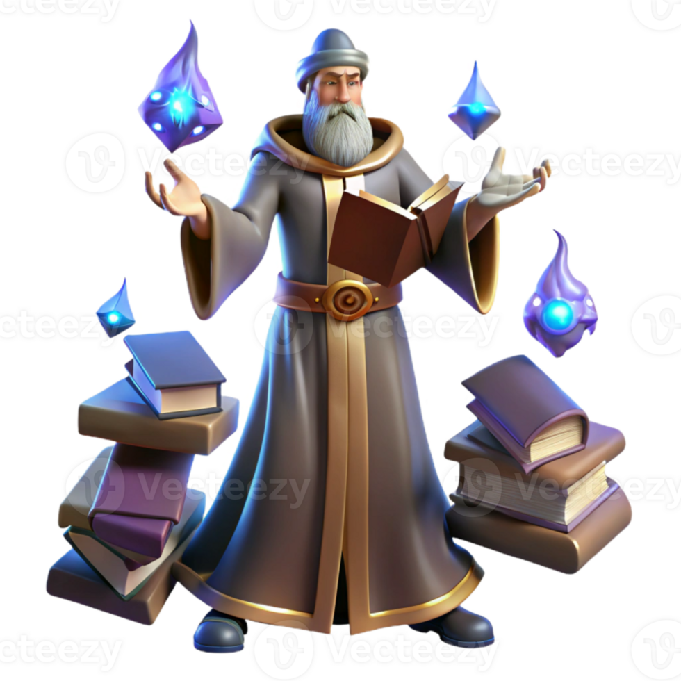 elegant creative wonderful creative A powerful wizard casting a spell in his arcane tower, surrounded by floating books and glowing runes, dramatic lighting, mystical and powerful.... png
