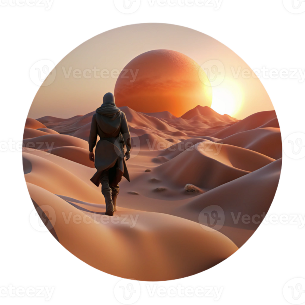impressive traditional elegant rustic A lone wanderer traversing a vast desert landscape, silhouetted against a twin sunset, desolate and atmospheric, science fantasy style, Moebius exclusive... png