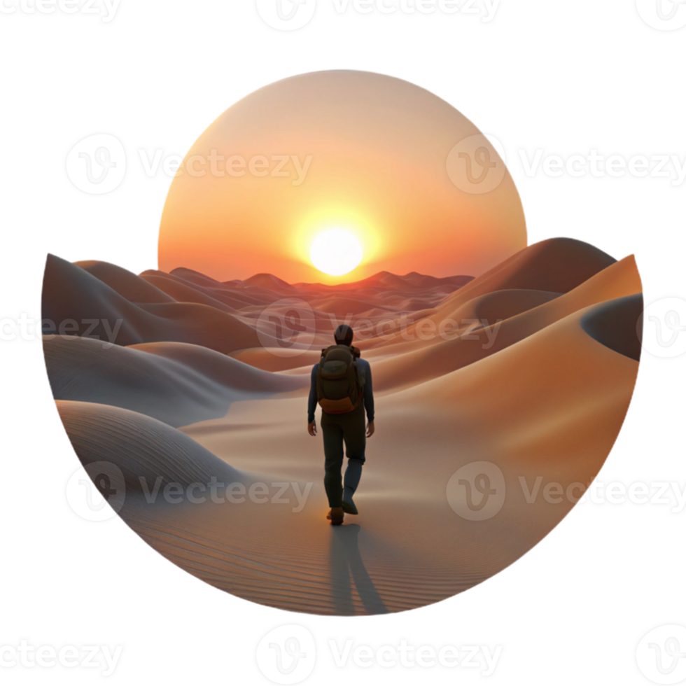 impressive rustic dramatic minimalist A lone wanderer traversing a vast desert landscape, silhouetted against a twin sunset, desolate and atmospheric, science fantasy style, Moebius professional... png