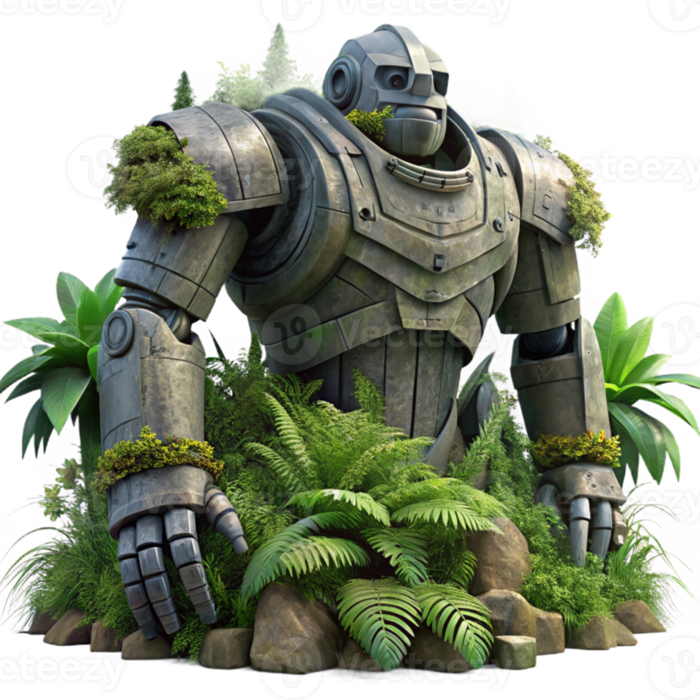 vibrant contemporary beautiful abstract A colossal, ancient robot slumbering in a overgrown jungle, vines and moss covering its metallic form, mysterious and intriguing, Wayne Barlowe, science... png