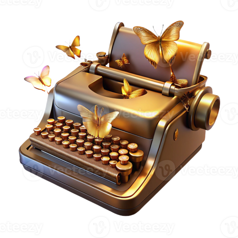stunning contemporary vibrant rustic An antique typewriter, its keys made of polished brass, generating holographic butterflies that flutter around it, lit by a warm, nostalgic amber light genuine... png