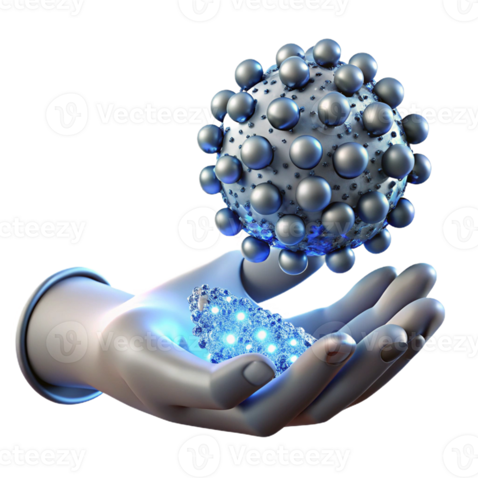 impressive minimalist elegant classic A swarm of nanobots, resembling shimmering silver dust motes, forming the shape of a human hand reaching towards a glowing orb of data, illuminated by a cool,... png