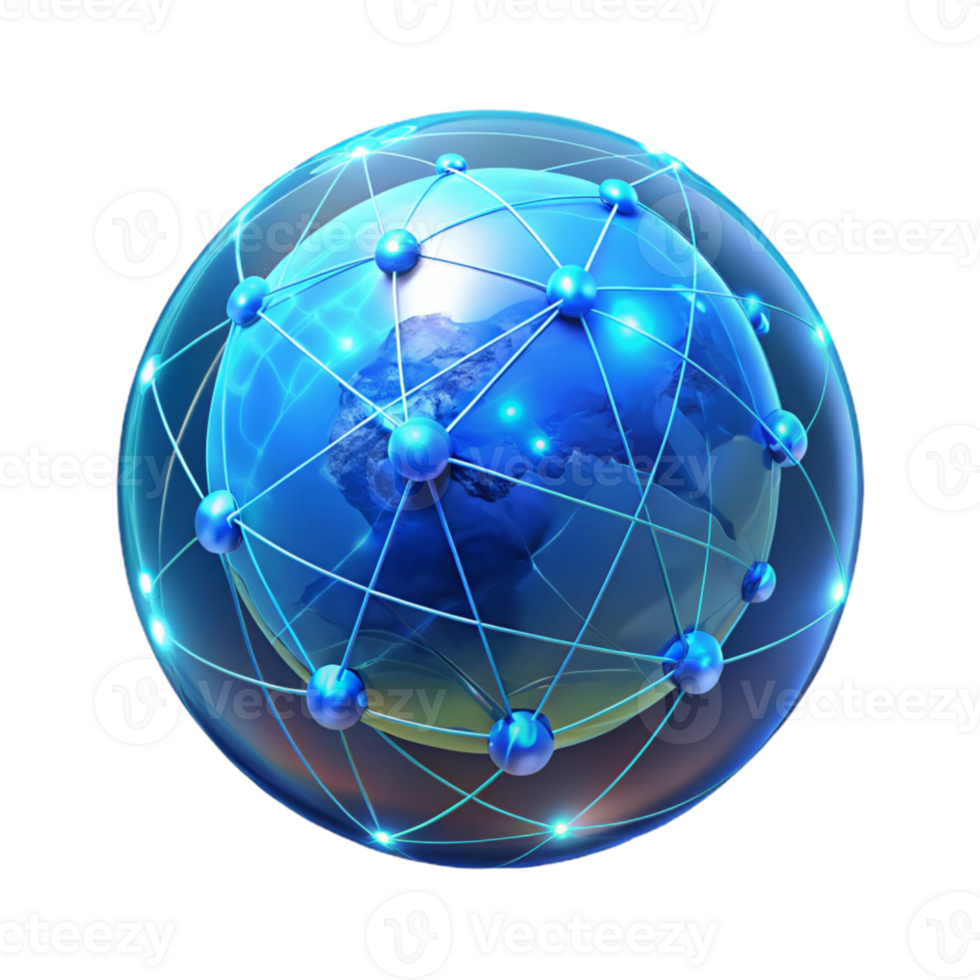 wonderful artistic vibrant abstract A holographic projection of the Earth, rotating slowly, displaying intricate networks of data flow and communication lines, illuminated by a cool, ethereal blue... png