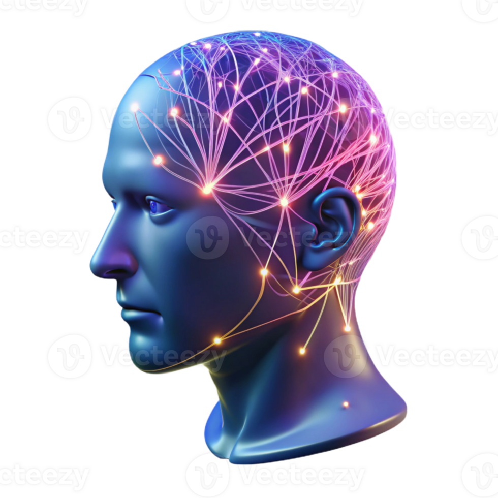 extraordinary traditional serene classic A transparent human head, filled with intricate networks of neural connections firing with electrical impulses, illuminated by a pulsating pink and blue... png