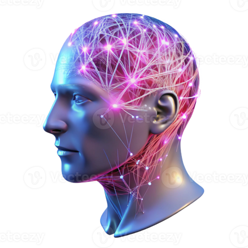 wonderful modern vibrant modern A transparent human head, filled with intricate networks of neural connections firing with electrical impulses, illuminated by a pulsating pink and blue light... png