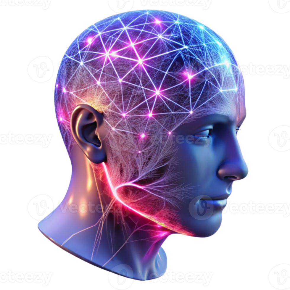 serene classic magnificent abstract A transparent human head, filled with intricate networks of neural connections firing with electrical impulses, illuminated by a pulsating pink and blue light... png