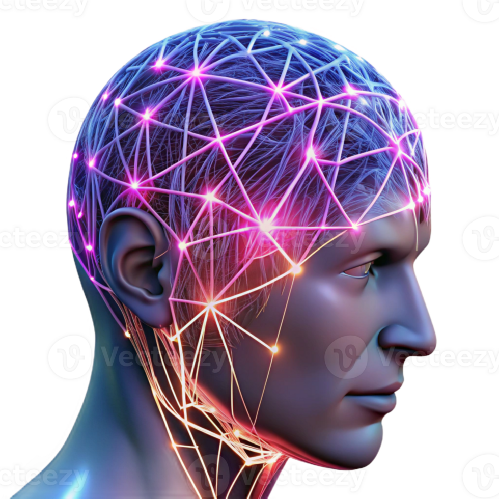 serene minimalist vibrant contemporary A transparent human head, filled with intricate networks of neural connections firing with electrical impulses, illuminated by a pulsating pink and blue... png