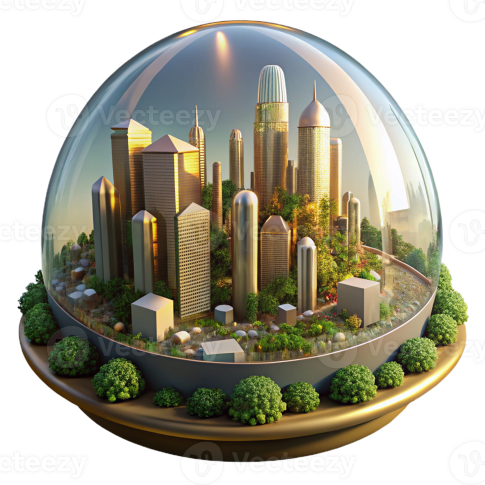 dramatic artistic magnificent contemporary A futuristic city built within a giant biodome, lush vegetation intertwined with advanced technology, illuminated by a warm, golden sunlight filtering... png