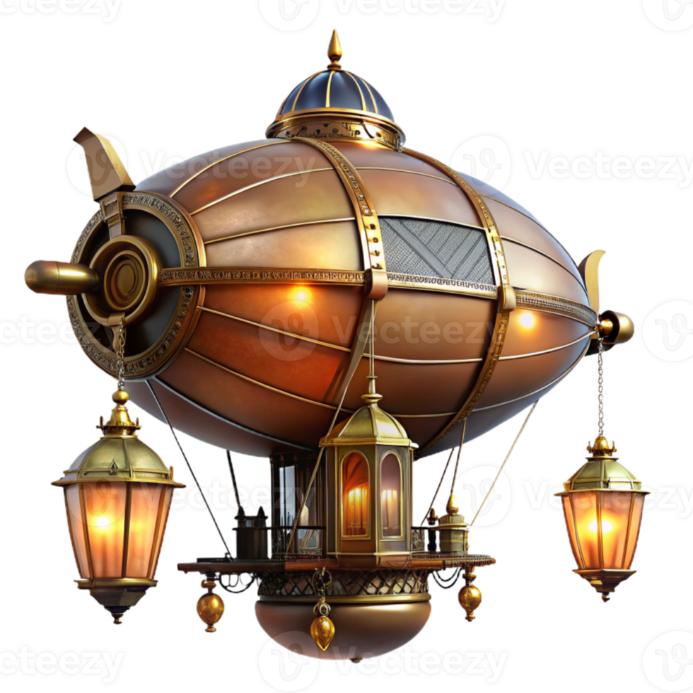 wonderful minimalist wonderful classic A majestic steampunk airship, brass and copper plating gleaming under the warm glow of gaslight lanterns, intricate clockwork gears visible, floating above a... png