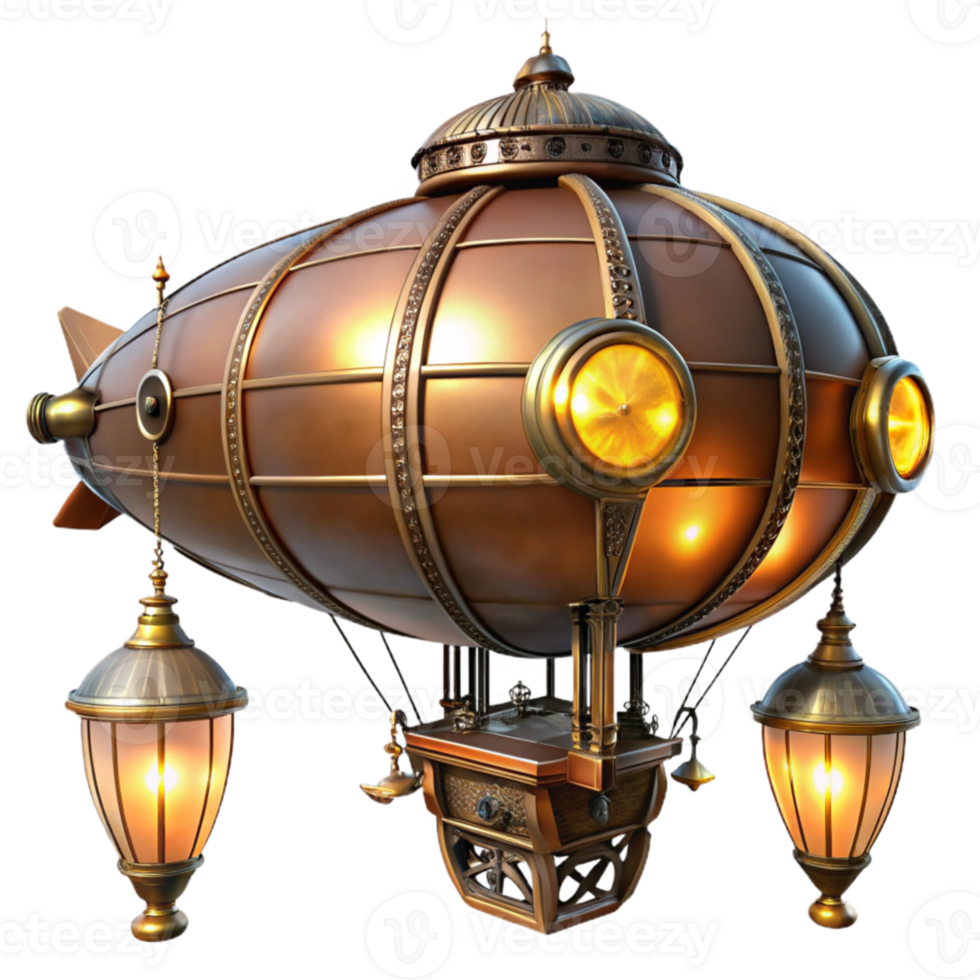 magnificent rustic beautiful artistic A majestic steampunk airship, brass and copper plating gleaming under the warm glow of gaslight lanterns, intricate clockwork gears visible, floating above a... png