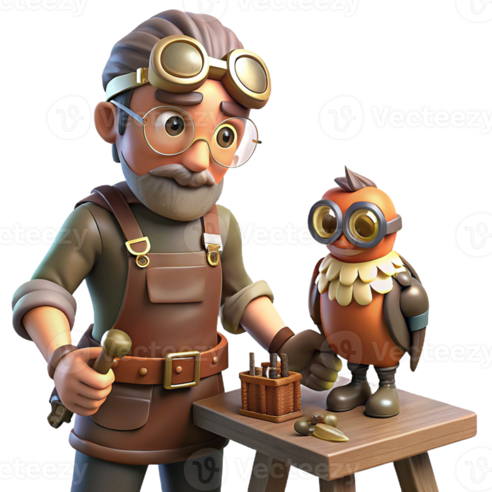 impressive rustic serene rustic A lone steampunk inventor in goggles and leather apron, tinkering with a miniature robotic owl in a dimly lit workshop, tools scattered around, dramatic chiaroscuro... png