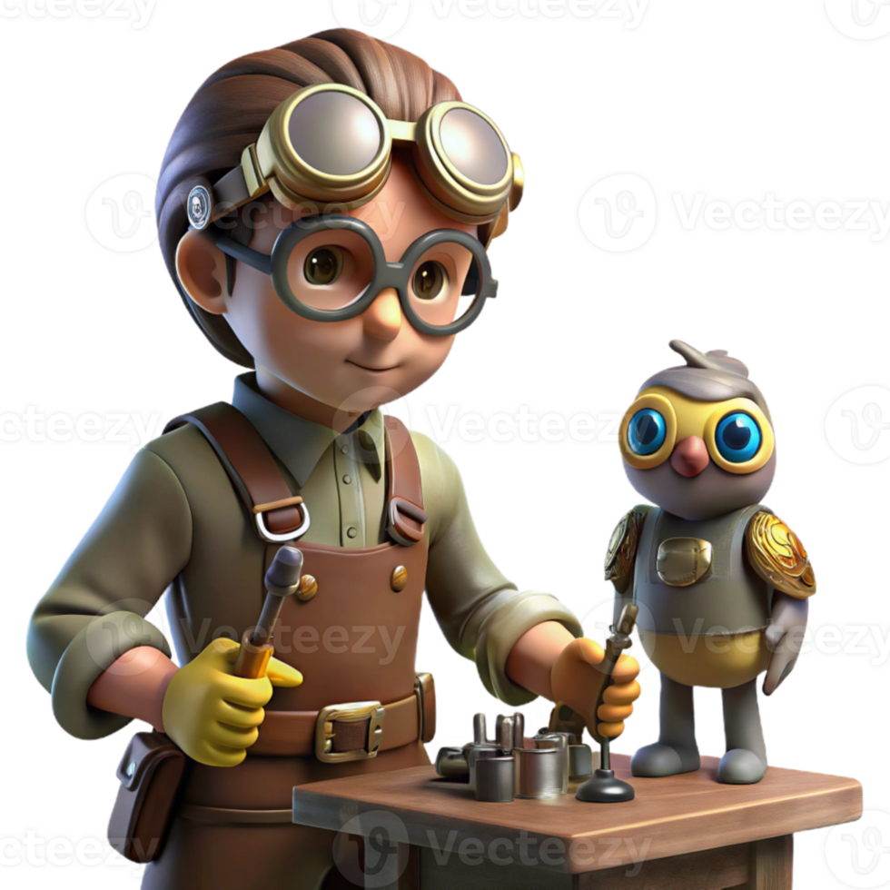 elegant vintage magnificent minimalist A lone steampunk inventor in goggles and leather apron, tinkering with a miniature robotic owl in a dimly lit workshop, tools scattered around, dramatic... png