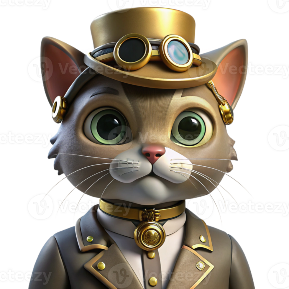 dramatic classic vibrant abstract A portrait of a steampunk cat wearing a tiny top hat and monocle, intricate brass gears and pipes adorning its collar, soft Rembrandt lighting high quality high... png