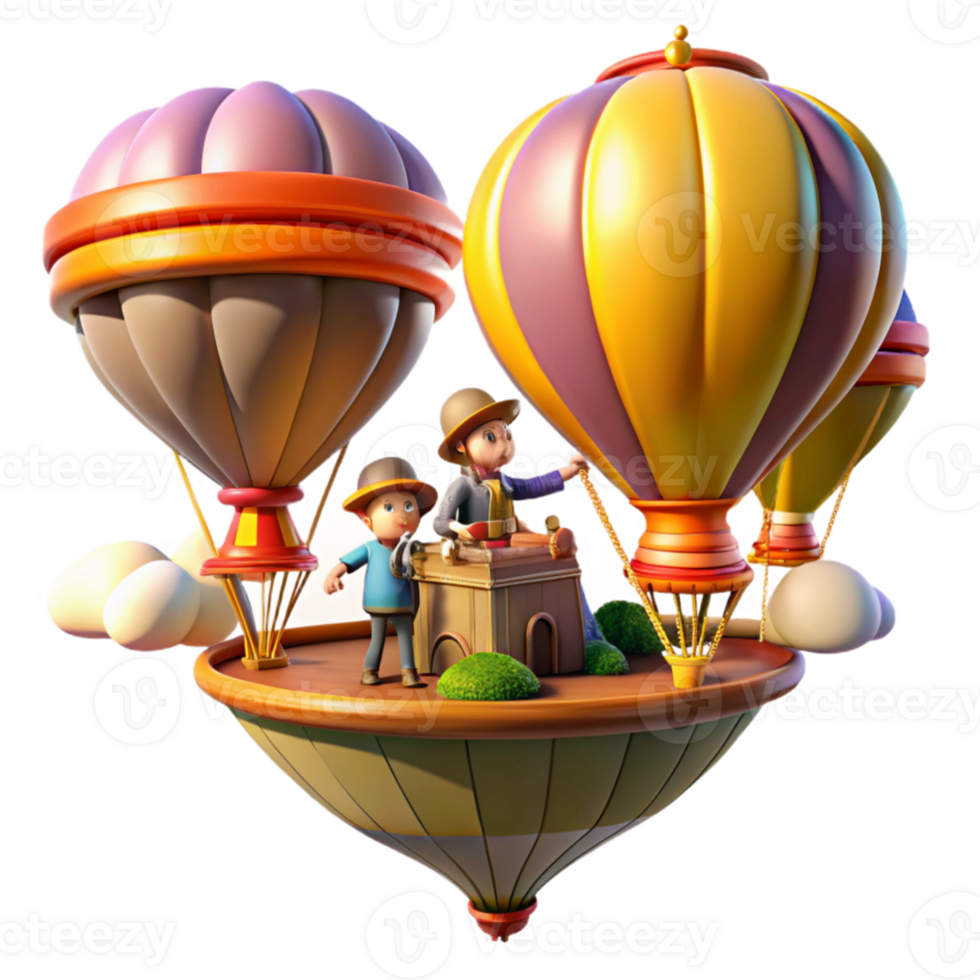 beautiful abstract beautiful rustic A group of steampunk explorers in hot air balloons, exploring a floating island, vibrant colors and fantastical landscape, bright, adventurous lighting high... png