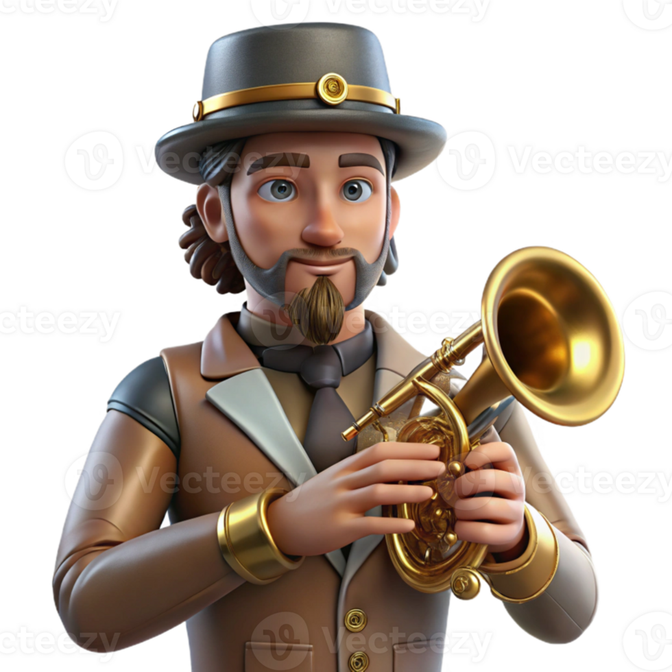 magnificent abstract elegant artistic A portrait of a steampunk musician playing a brass instrument with mechanical enhancements, soft spotlight on the musician, dark background elements removed... png
