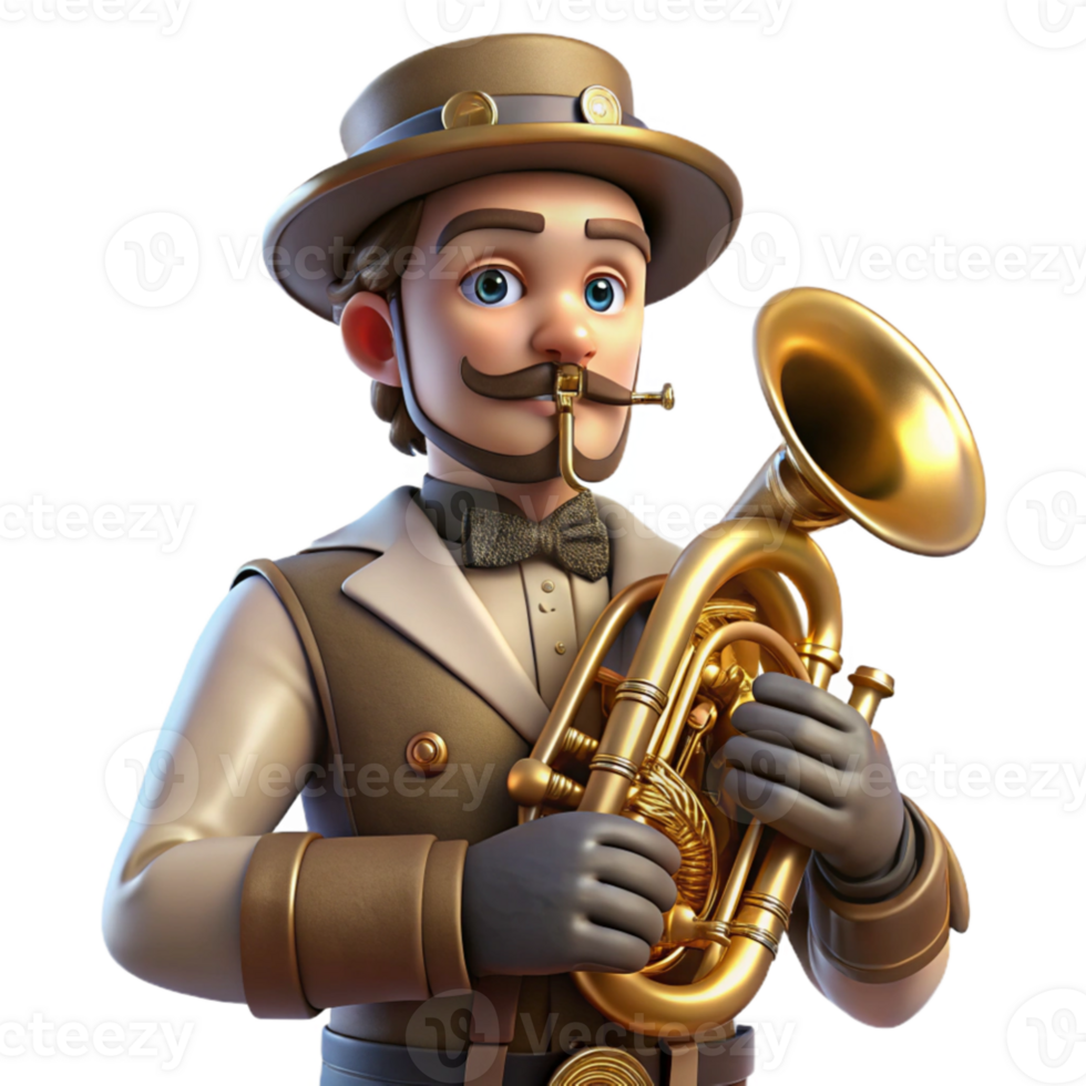 serene classic beautiful vintage A portrait of a steampunk musician playing a brass instrument with mechanical enhancements, soft spotlight on the musician, dark background elements removed high... png