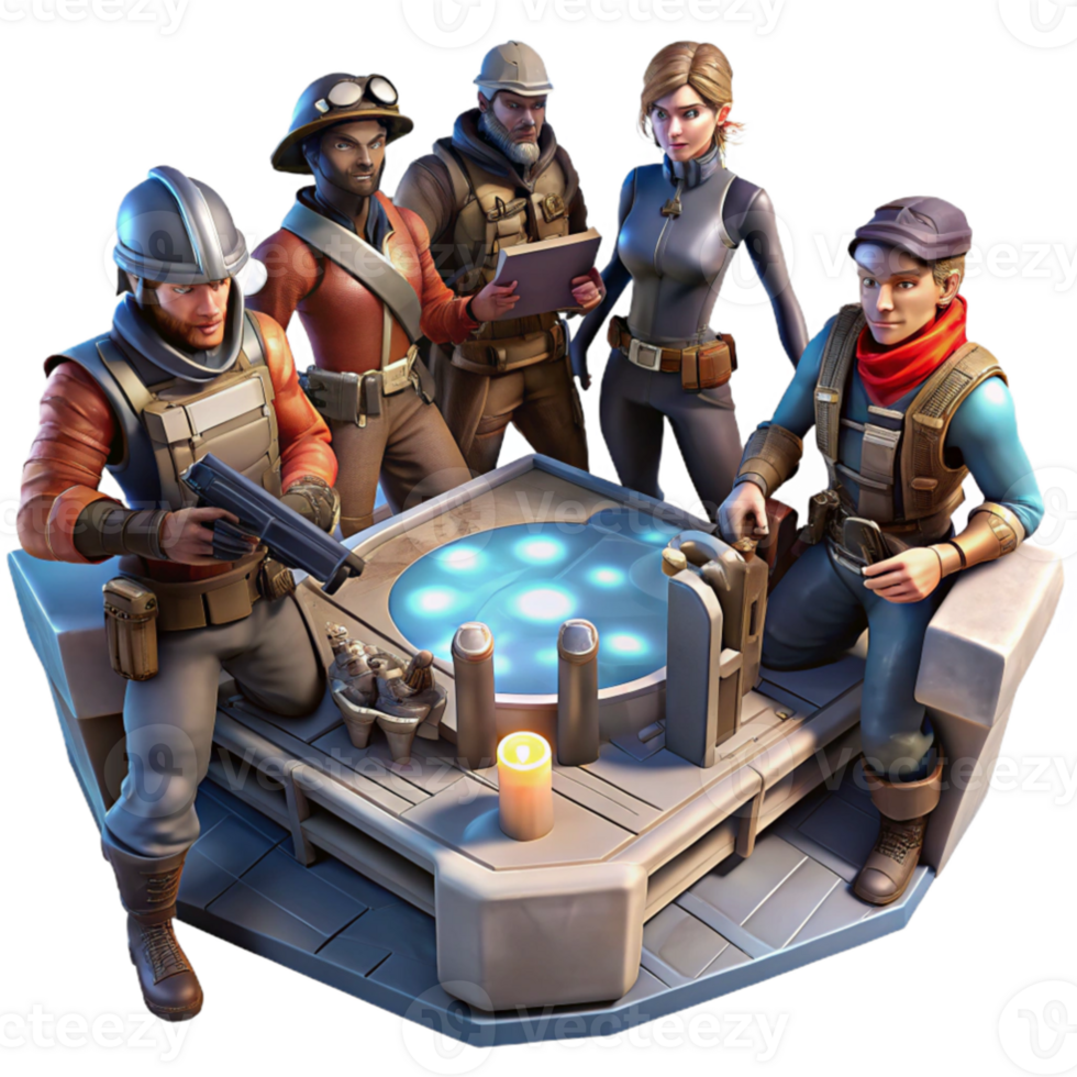wonderful creative beautiful rustic A group of space pirates, clad in tattered leather and wielding laser pistols, gathered around a holographic map in a dimly lit spaceship cabin, gritty realism... png