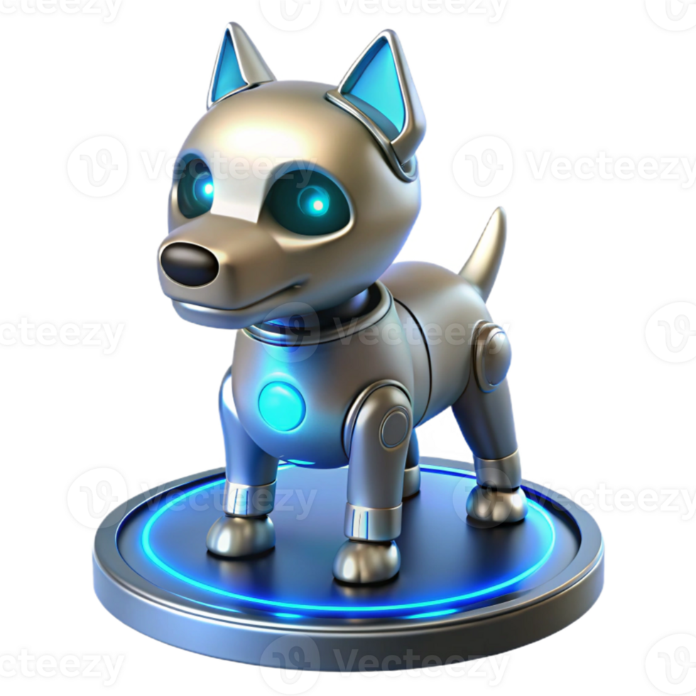 stunning traditional stunning creative A sleek, silver robot dog with glowing blue eyes, standing on a polished metal platform, surrounded by flickering holographic displays, minimalist style... png