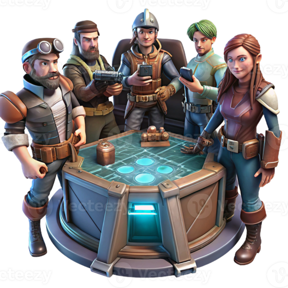 wonderful classic stunning traditional A group of space pirates, clad in tattered leather and wielding laser pistols, gathered around a holographic map in a dimly lit spaceship cabin, gritty... png