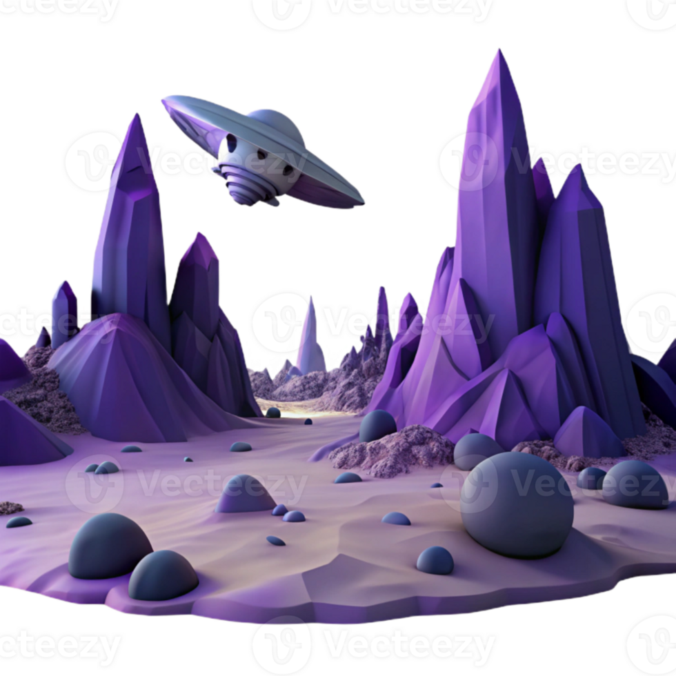 beautiful contemporary extraordinary traditional A desolate, alien landscape, jagged rock formations silhouetted against a purple sky, a lone spaceship wreckage in the foreground, matte painting... png
