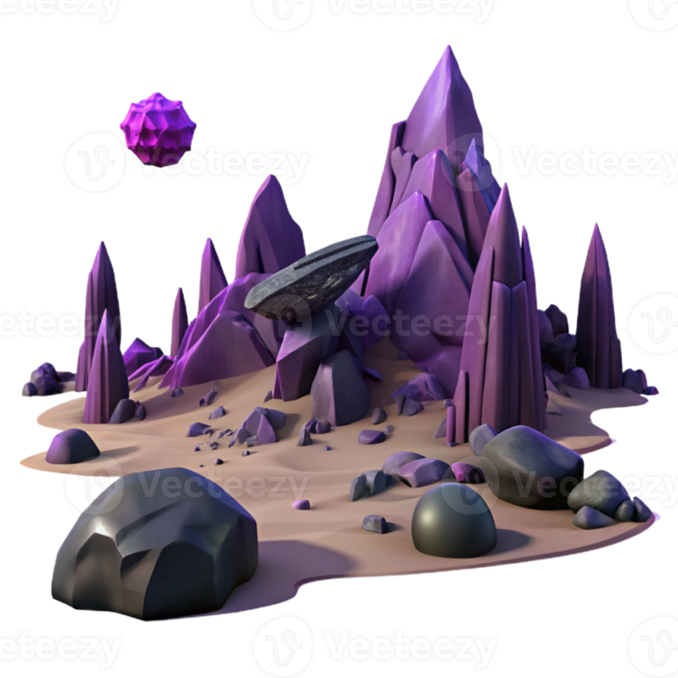 elegant classic stunning contemporary A desolate, alien landscape, jagged rock formations silhouetted against a purple sky, a lone spaceship wreckage in the foreground, matte painting style... png
