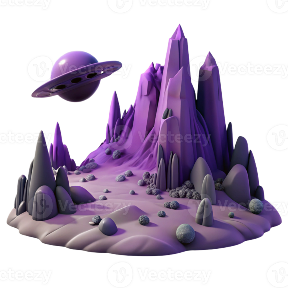 magnificent traditional magnificent artistic A desolate, alien landscape, jagged rock formations silhouetted against a purple sky, a lone spaceship wreckage in the foreground, matte painting style... png