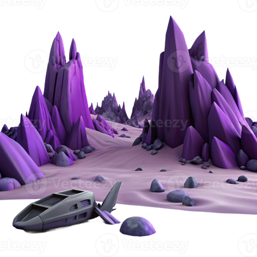 stunning minimalist elegant contemporary A desolate, alien landscape, jagged rock formations silhouetted against a purple sky, a lone spaceship wreckage in the foreground, matte painting style... png