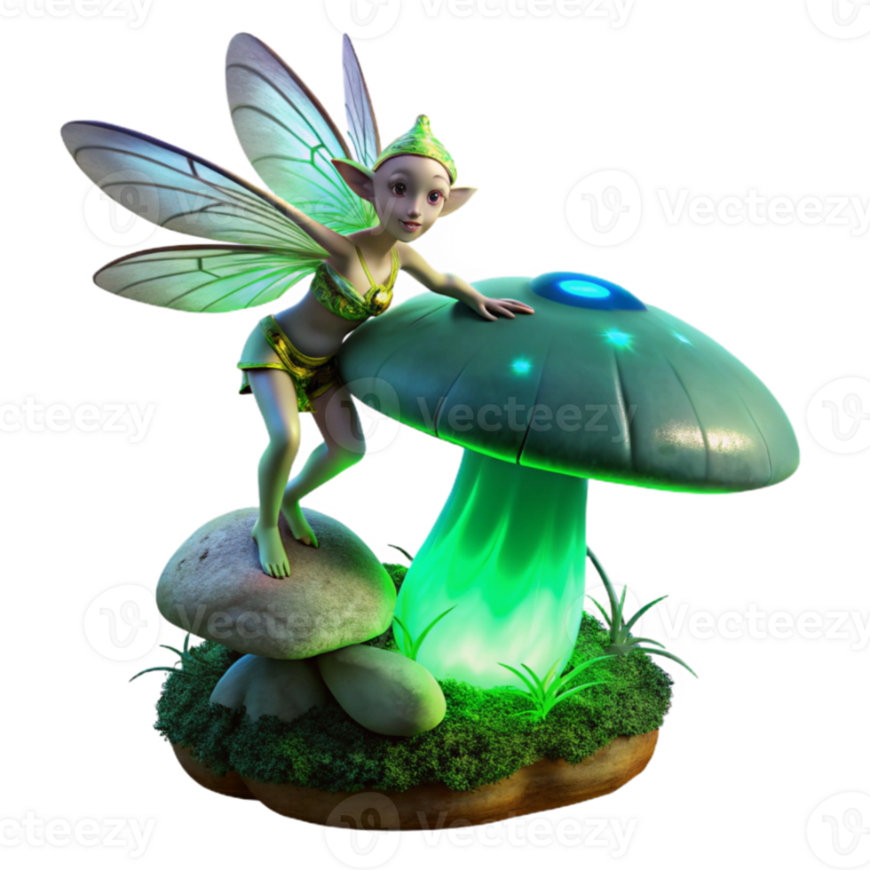 serene vintage serene minimalist A mischievous pixie with iridescent dragonfly wings, perched on a giant, bioluminescent mushroom, casting an eerie green glow on the surrounding moss covered... png