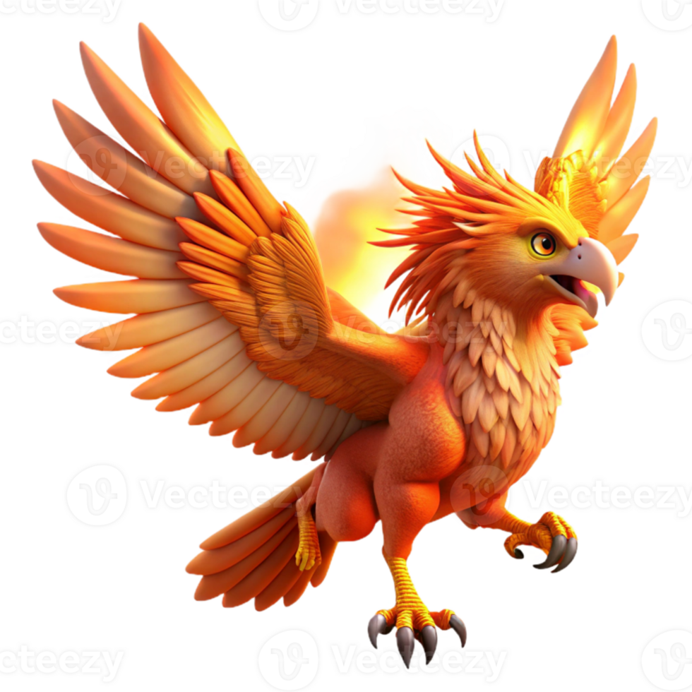 magnificent traditional dramatic vintage A majestic griffin with fiery orange plumage and piercing sapphire eyes takes flight, illuminated by the golden rays of a double sunset.... png