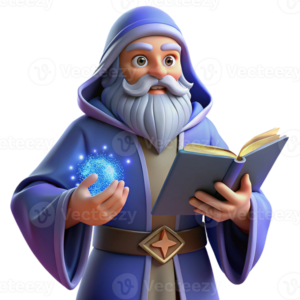 magnificent contemporary elegant traditional A wise old wizard with a long white beard and twinkling blue eyes, holding a magical book radiating arcane symbols.... png