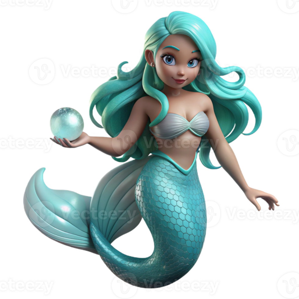 dramatic classic dramatic creative A beautiful mermaid with flowing, turquoise hair and a tail shimmering with opalescent scales, holding a pearl the size of her fist.... png