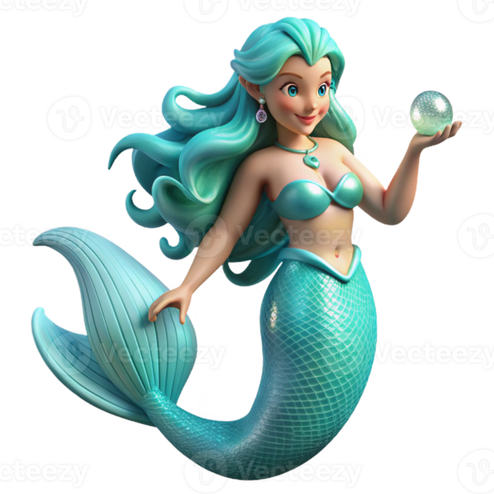 vibrant minimalist elegant classic A beautiful mermaid with flowing, turquoise hair and a tail shimmering with opalescent scales, holding a pearl the size of her fist.... png
