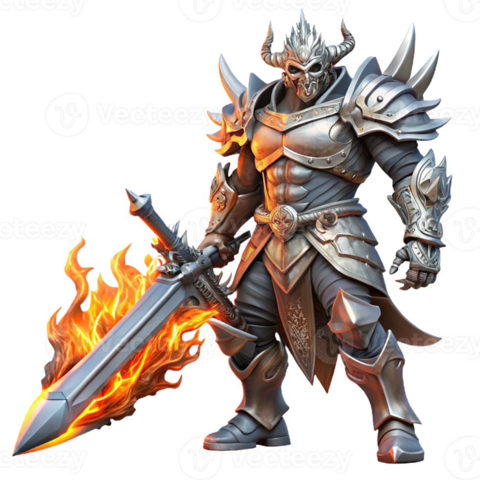 wonderful abstract vibrant rustic A powerful warrior wielding a flaming sword, clad in ornate, silver armor, facing down a shadowy, monstrous figure.... png